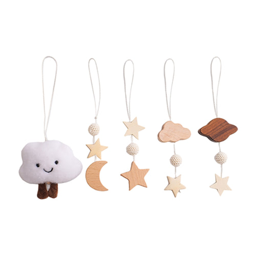 Reachjooy hanging toys: plush cloud, star and moon, double star, wooden cloud and wooden planet (supplier photo)